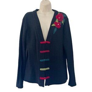 VTG April Cornell Women's Sz L Black Cardigan Sweater Red Felt Flowers & Sequins